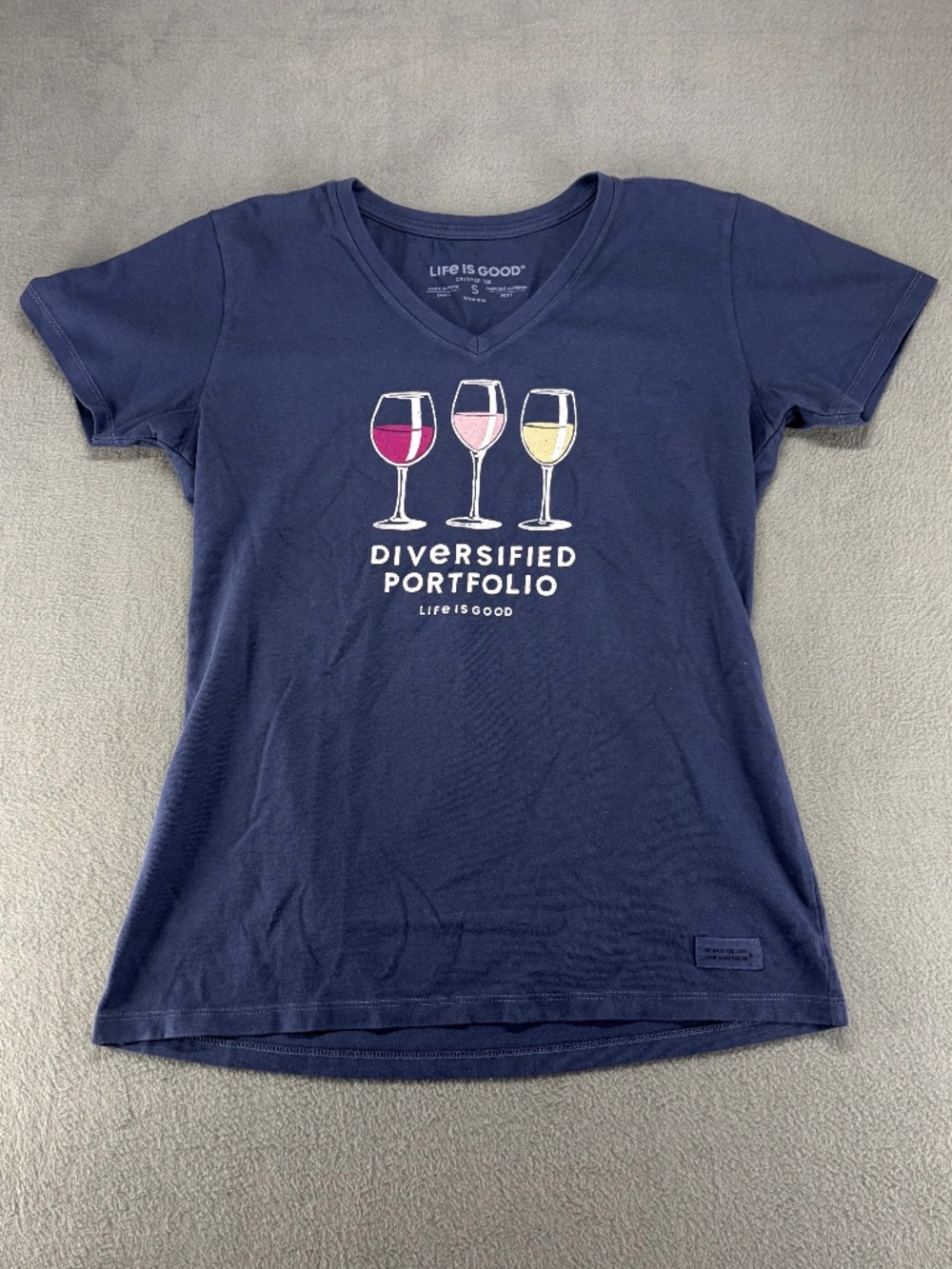 Life is Good Crusher Tee "Diversified Portfolio" Wine Graphic Blue V-Neck Size S